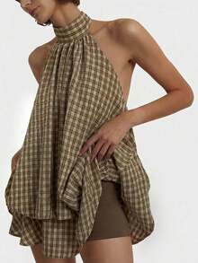Vestido corto de mujer con cuello halter, volantes y estampado de cuadros - Marrón - Ver 4