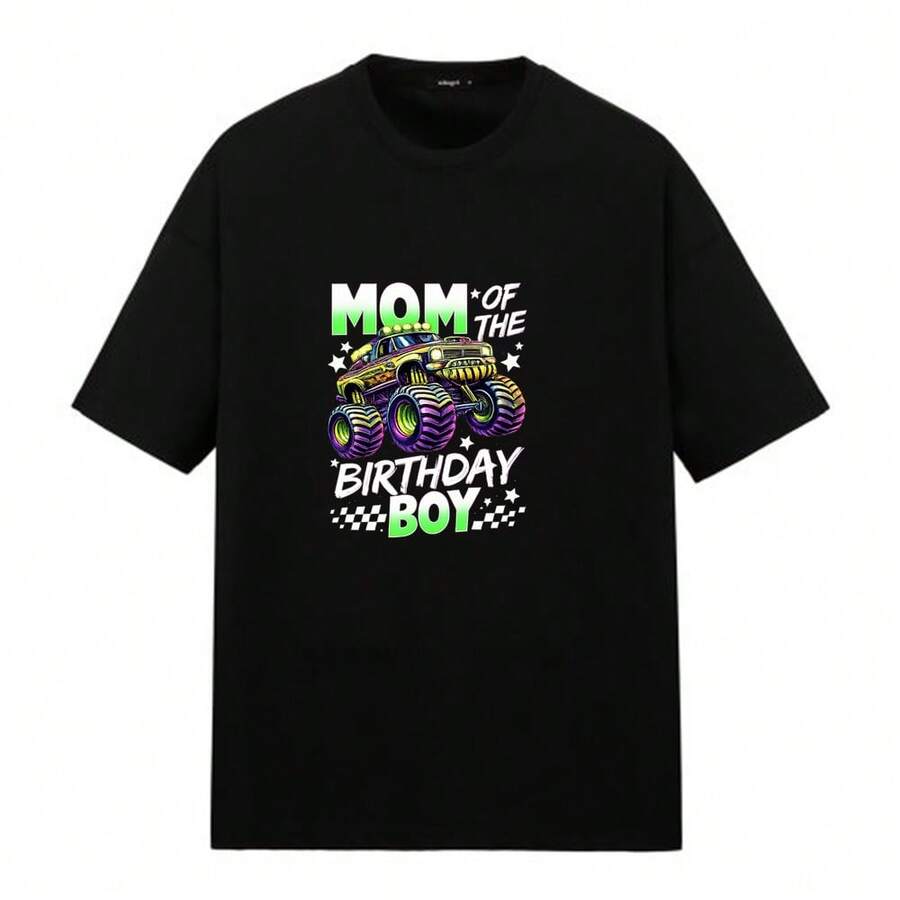 Camiseta de manga corta con estampado de camin monstruo de mam de cumpleaos ideal para usar en casa parque fiesta da de campo reunin familiar corte regular estilo casual cmoda y transpirable. - Negro - Ver 1