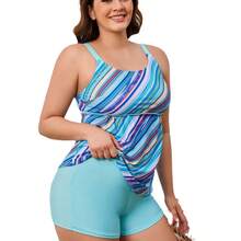 Nuevo Traje de Baño de Talla Grande con Top Tipo Tank Top Estampado Azul - azul cielo - Ver 6