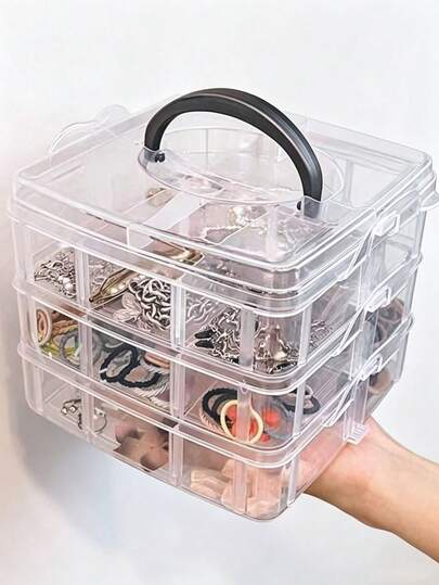 1pc 3-Layer Transparent Plastic Storage Box, Jewelry Box, Trinket Box, Storage Cabinet, Storage Container, White, Easter Elements, Suitable For Cosmetics, Jewelry, Toys, Socks Etc., With Handle Multi-Compartment Components Box For Electronic Parts, Screws, Accessories, Tools, Sorting Grid, Dust-Proof, Large Capacity For Hair Accessories, Earrings, Necklaces, Beads, Craft Supplies, Valentine's Day Gift, Christmas Gift, Back To School Gift