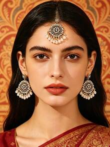 3pcs Women's Jewelry Set, Exotic Palace Style Faux Pearl & Rhinestone Inlaid Hair Chain, Earrings, Holiday Gift, Bridal Jewelry Accessories - Rhinestone Type - View 2