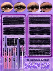 544/640/180 Clusters D Curl Reusable False Eyelash Book, Classic Eyelash Set With Glue, Brush, Tweezers, Suitable For Beginners, Soft Natural Segmented Eyelashes, Fluffy Mixed DIY Eyelashes, Easy For Daily Makeup Use, Gift For Her - Purple - View 25