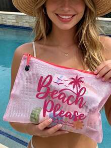 防水時尚沙灘包，印有「Beach Please」彩色圖案、棕櫚樹、海鳥、波浪圖案。大容量透明化妝包配尼龍拉鍊 - 輕巧，春/夏季防曬收納，適合游泳、沙灘、潛水和夏季度假，學生返校，送給朋友、家人、閨蜜、同學的禮物。生日、節日、派對、婚禮（伴娘）、教師節的完美禮物和紀念品。郵輪必備，畢業、夏季度假、返校、開學禮物 - 彩色 - 查看 6