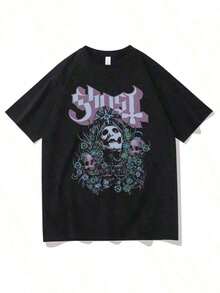 Camisetas gráficas de banda fantasma para hombres, camiseta clásica vintage de rock gótico, camisetas casuales de algodón de gran tamaño, ropa de calle de los 90 - Negro - Ver 1