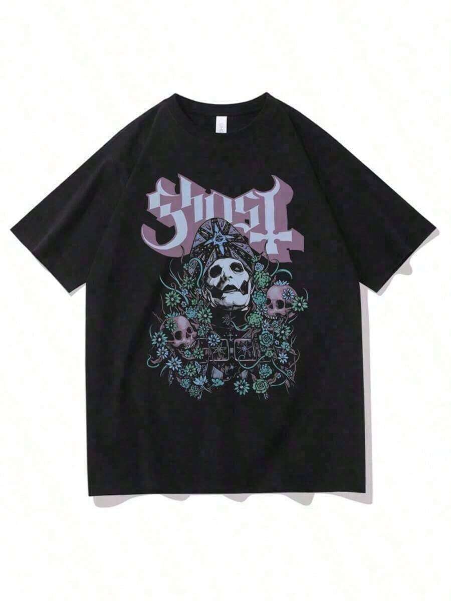 Camisetas gráficas de banda fantasma para hombres, camiseta clásica vintage de rock gótico, camisetas casuales de algodón de gran tamaño, ropa de calle de los 90 - Negro - Ver 1