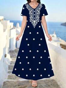 Al Najma Vestido azul marino elegante de mujer con cuello en V, de manga corta, con estampado floral, que se puede usar como prenda exterior o interior/vestido de trabajo, adecuado para citas, vacaciones, uso diario, casual, fiestas, festivales, vestido largo, vestido largo de primavera/verano para mujer, vestido largo fluido, vestido largo floral, vestido azul marino - Negro 2 - Ver 10