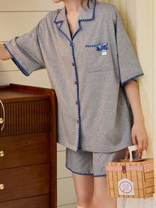 Gongdie Bộ đồ ngủ nữ Disney 2 món, chất liệu cotton, họa tiết hoạt hình 3D màu xanh dương, kiểu zigzag, thích hợp mặc nhà mùa hè. - Màu Xám nhạt - Xem 10