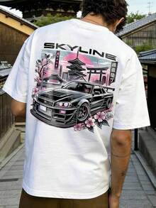 Camiseta Gráfica con Estampado de Auto JDM Skyline R34 para Hombre, 100% Algodón, Ropa Casual Urbana, Camiseta de Manga Corta de Algodón con Diseño de Auto Japonés JDM Skyline R34 - Blanco - Ver 11