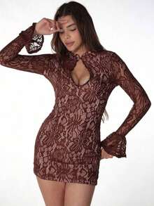 Spring Party Dress: Fitted Mini, Flared Sleeves And Hollow Lace Details – Elegant Look - 棕色 - 查看 5