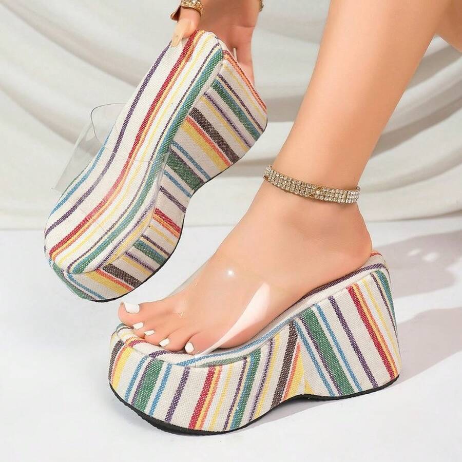 Women Wedges & Flatform - Green Stripes - Concave Base - Transparent - View 1