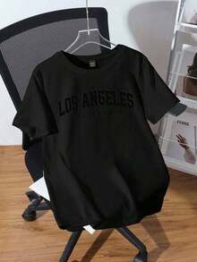 Loose-Fitting Short-Sleeved T-Shirt With A Round Neck, Featuring A 3D Embossed English Slogan Graphic For Plus-Size Women - 黑色 - 查看 2
