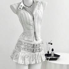 Nana's Women's Clothing Store  Minifalda de mezclilla vintage con doble cintura plisada y efecto desgastado - Blanco - Ver 7