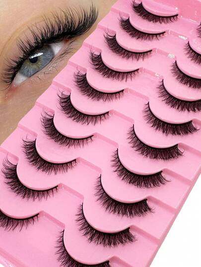 10 Pairs Natural Short D-Curl Fluffy Russian Faux Mink Lashes 3D Thick Wispy Cat Eye False Eyelashes, Lengthening And Volumizing Lash Extension Kit, Reusable For Makeup, Parties, Weddings