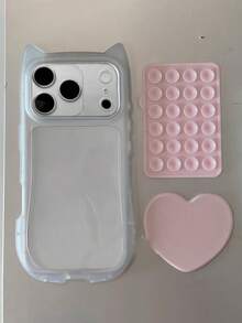 Cute 3D Suction Cup Heart Makeup Mirror Cat Ear Frosted Semi-Transparent Phone Case, Compatible With IPhone 17 ProMax 17 Pro 16 Pro Max 16 Pro 15 14 13 Pro Max 15 13 17, Minimalist Fashion Lens Protection Case - Pink - View 4