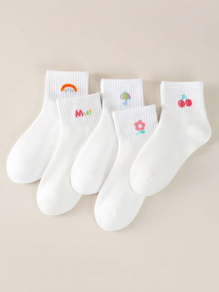 5双装女童彩虹樱桃字母网眼透气短袜,适合日常穿着 - 彩色 - 查看 1