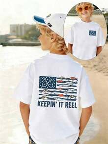 Ultra-Comfortable And Super-Soft Polyester T-Shirt For Children Aged 4-12, Featuring A "Keepin' It Reel" American Flag Fishing Lure Print, Relaxed Fit, Stylish And Casual For Everyday Wear, High Profile And High Demand, A Favorite For Daily Life And Commuting, New Arrival, Express Delivery. - 白色 - 查看 7