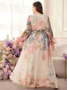 Vestido de línea A con cintura ceñida y estampado floral para mujer de talla grande - Multicolor - Ver 5