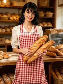 1pc Retro Plaid Women's Apron, Apron Dress Design, Suitable For Cooking And Baking - Red - View 2