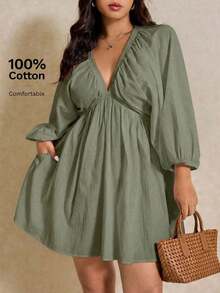 Elaquor Vestido informal de talla grande de manga farol en unicolor - Verde militar - Ver 7