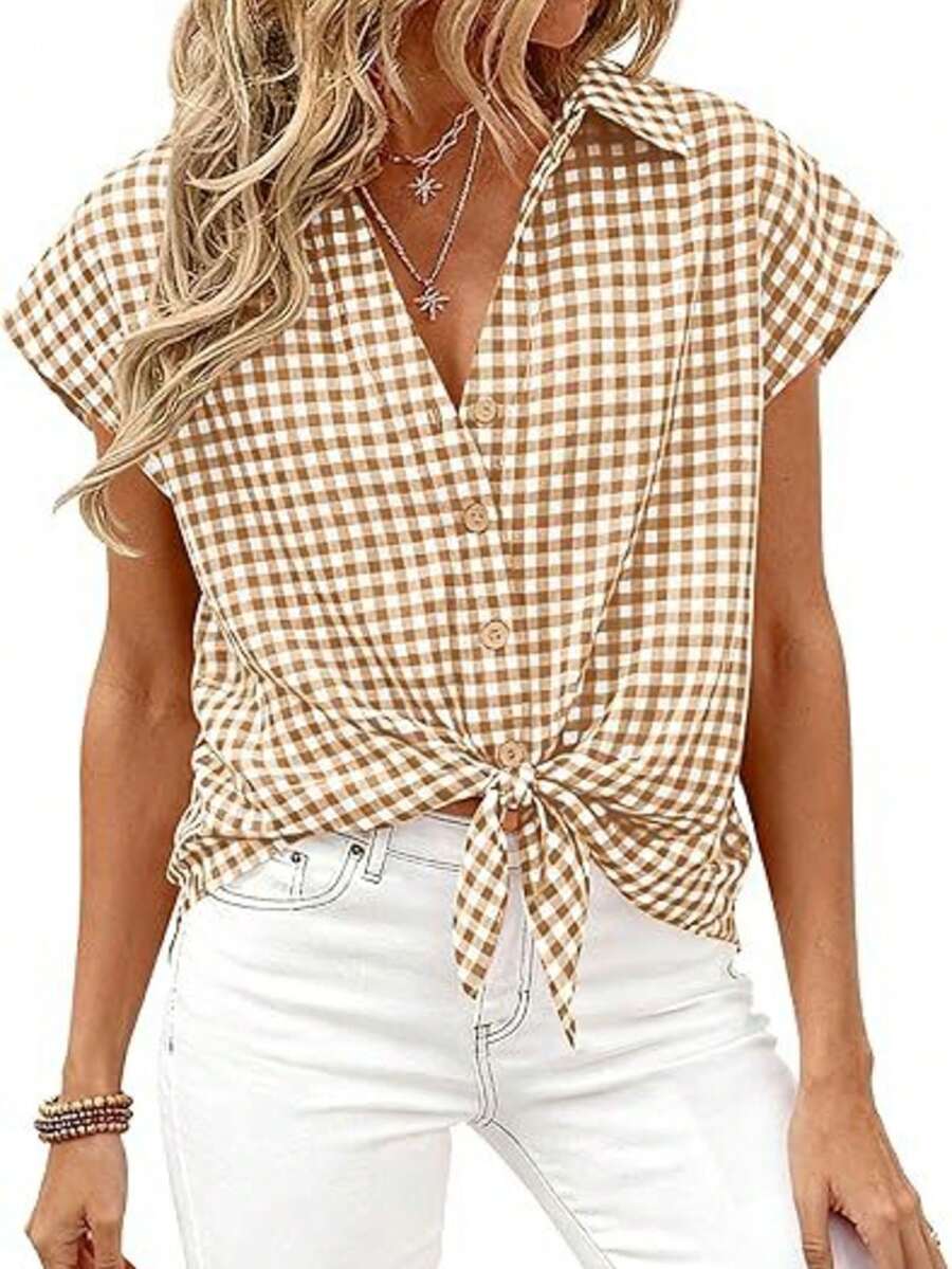 Puff Sleeve Striped Ruffle Blouse V Neck Button Front Summer Top Chic Casual Work Office Outfit For Women - 卡其格子 - 查看 1