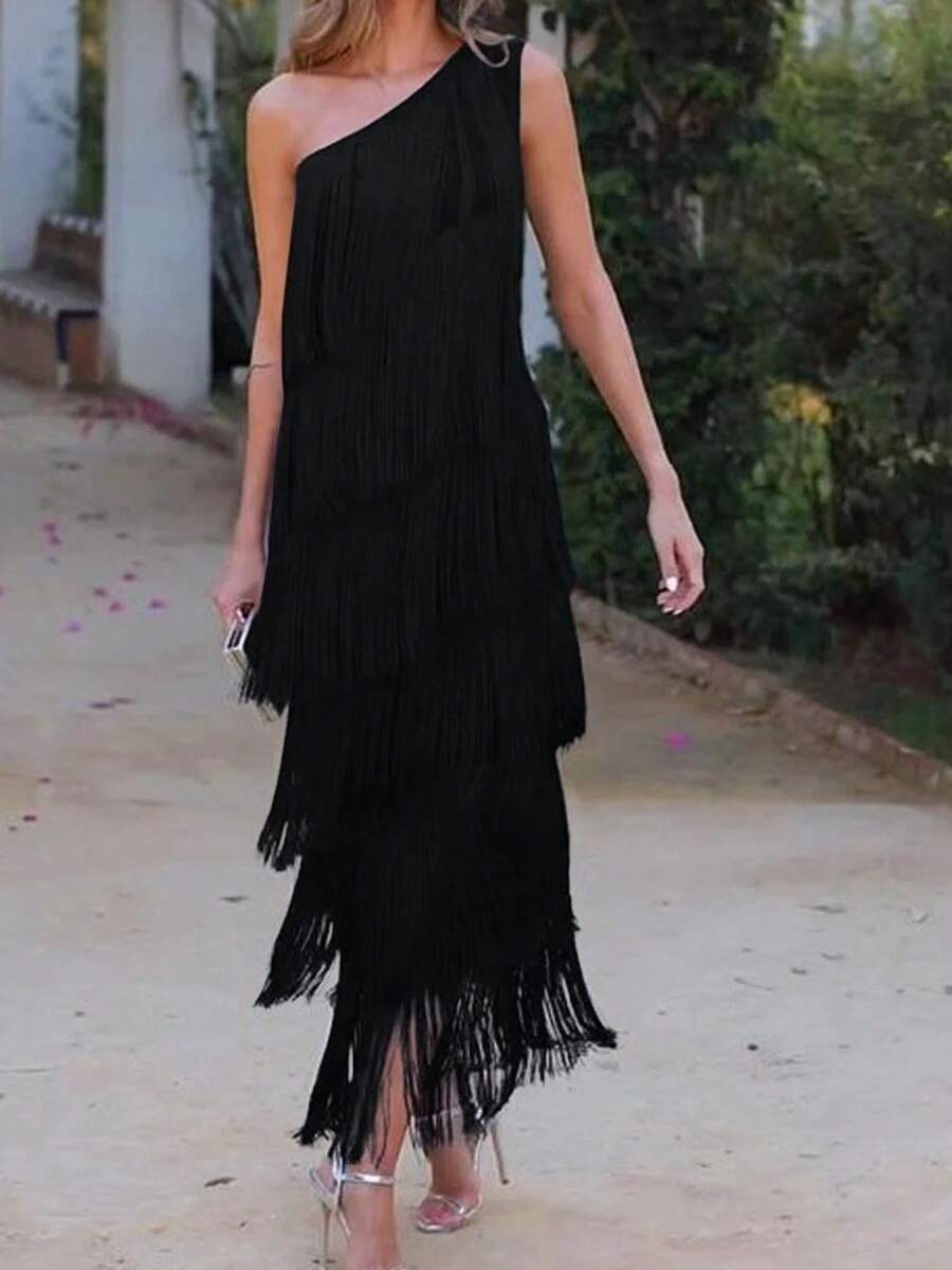 Long Asymmetrical Off-The-Shoulder Formal Dress With Fringe, New 2026 Collection For Women - 黑色 - 查看 1