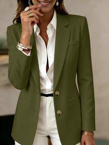 Women's Long Sleeve Lapel Button Jacket, Regular Length Knitted Fabric Lightweight Blazer, Creating An Elegant And Fashionable Academic Style - Dark Green - View 2