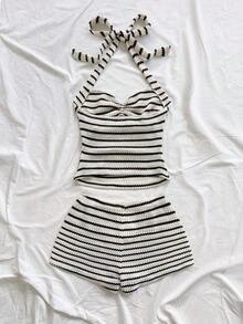 Conjunto de 2 piezas de top corto halter con decoración metálica floral y shorts súper cortos de punto texturizado para mujer, adecuado para fiesta, Navidad, cita, discoteca, - Blanco y Negro - Ver 2