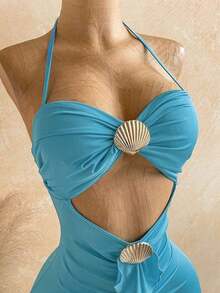 Vestido de verano con escote halter, espalda descubierta, acento metálico de concha, diseño acanalado y bajo de cola de pez para mujer, ideal para vacaciones en la playa - Agua verde azul - Ver 4