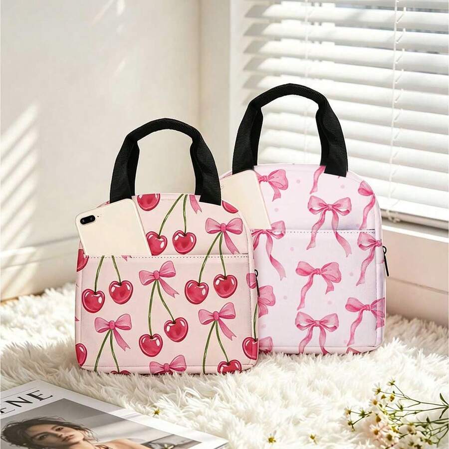 Portable Handbag; Thickened Fruit Bag; Pink Asymmetric Bow Heart Print, Essential For Girls' Outings, Suitable For Back To School, Office, Outdoor Picnic And More Occasions - 粉色 - 查看 1