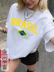 T-Shirt <<BRASIL>> With Brazilian Flag Design, Short-Sleeved Cotton, Y2K Streetwear Style, Ideal For Spring/Summer. - trắng - Xem 7
