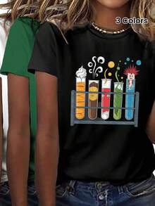 Women's Short Sleeve Crew Neck T-Shirt - Six Test Tubes On Rack Print, Colorful Science Theme Graphics, Breathable Medium Stretch Fabric, Machine Washable, Comfortable Casual Wear For Summer And Spring - Black - View 1
