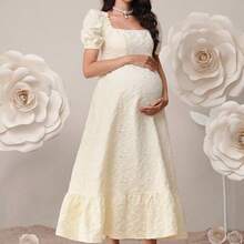 Vestido elegante de maternidad con cuello cuadrado, mangas abullonadas y estampado floral jacquard - Albaricoque - Ver 2
