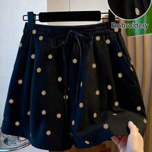 guang zhou mi qian shang mao Everyssa Pantalones cortos de verano de moda, elegantes y casuales con estampado de lunares franceses, con bolsillos, cintura elástica y lazo para mujeres - Café integral - Ver 8
