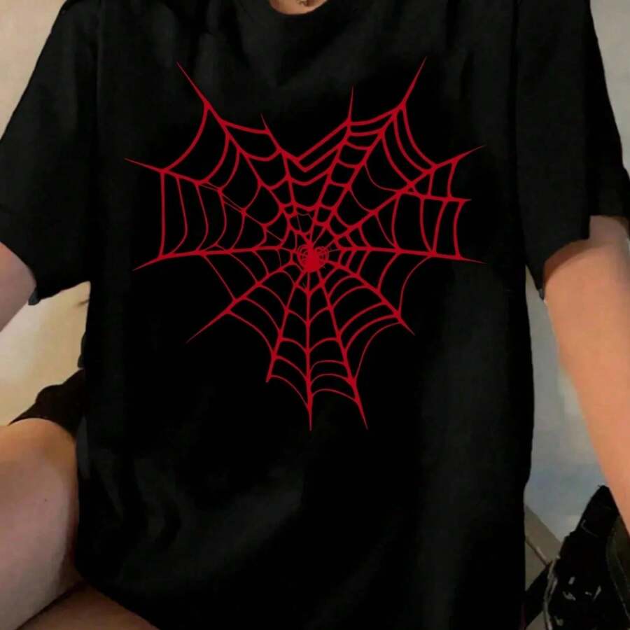 Camisetas De Verano Con Estampado De Telarañas Rojas Para Mu - Negro - Ver 1