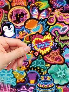 60pcs Colorful Neon Stickers Cartoon Inspirational Decorative Stickers For Laptop Suitcase Scrapbook Diy Decor - A - View 8