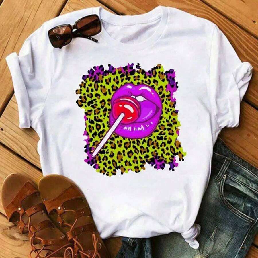 New Women's T-Shirt With Pink Lips And Leopard Print, Casual Style, Round Neck, Sexy, Black, With Kiss Design, Fun, For Girls, Dropshipping - 藍色 - 查看 1