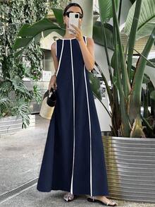 Vestido largo suelto sin mangas de unicolor para mujer, vestidos extra largos con paneles de colores contrastantes - Burdeos - Ver 6