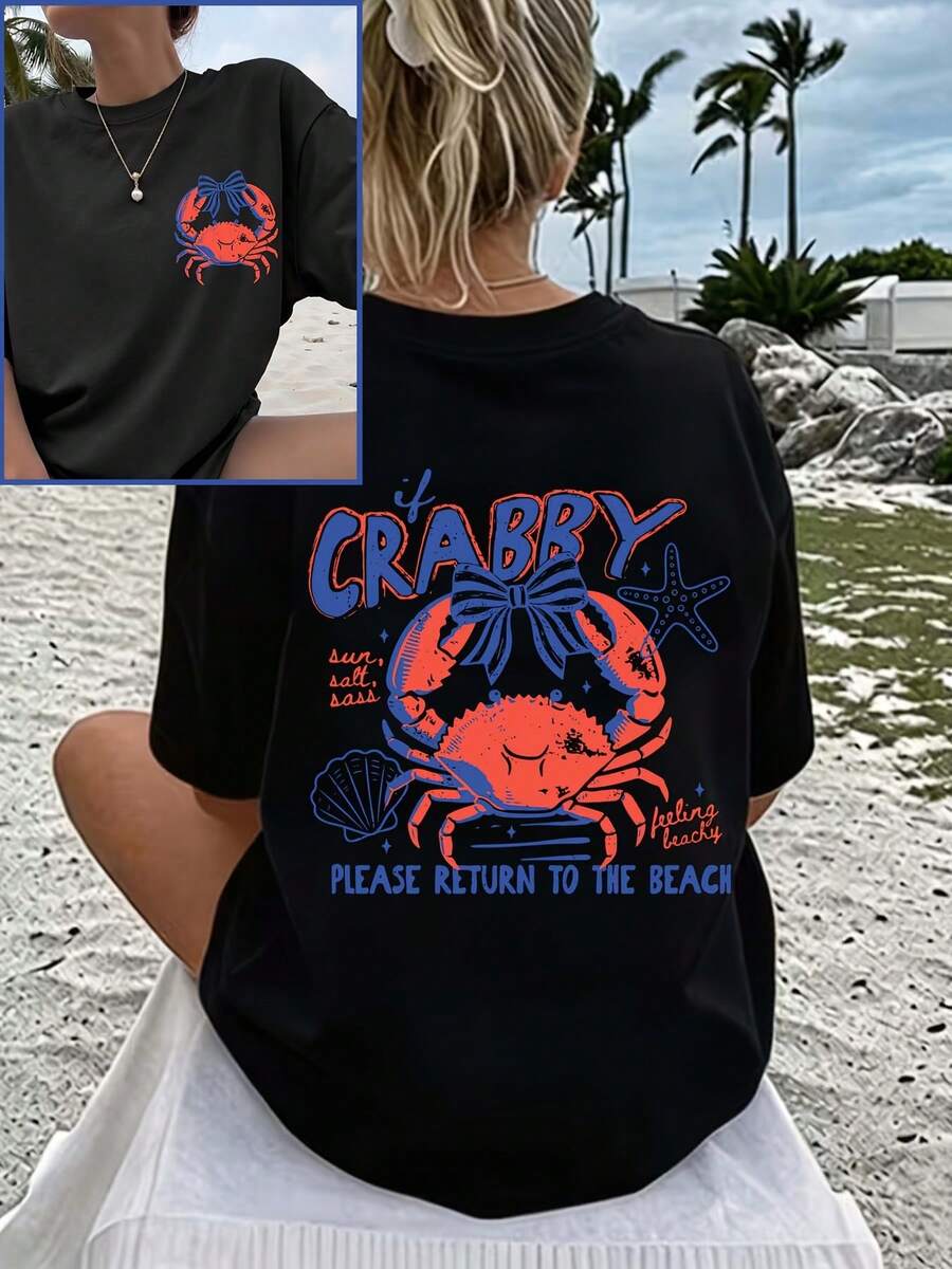 New Women's Double-Sided Print T-Shirt "If You Feel Irritable, Please Go Back To The Beach", Crab Design, Casual Summer Top, Printed T-Shirt For Women, Vacation Clothes For Women, Summer Clothes For Women, Beachwear, Perfect For Beach Trips, Vacations And Everyday Wear. - 黑色 - 查看 1