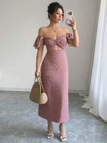 Vestido de estilo callejero elegante de mujer con lunares, hombros descubiertos y abertura en la cintura, ideal para vacaciones de verano - Rosa Pálido - Ver 12