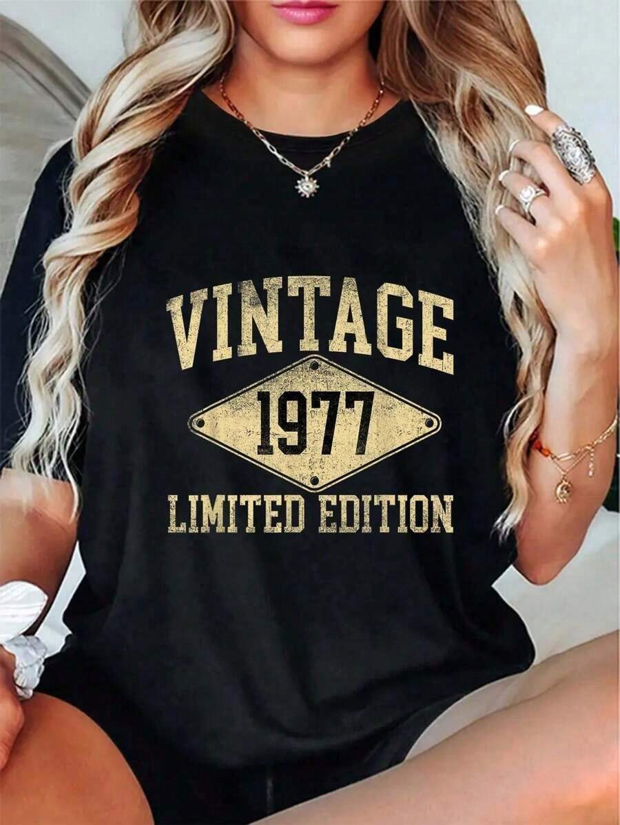 100% algodón retro 1977 edición limitada camiseta de cumpleaños - Negro - Ver 1