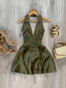 Vestido de satén con escote en V profundo y espalda abierta, elegante y sexy - Perfecto para primavera y verano, adecuado para vacaciones, fiestas y uso diario. - Multicolor - Ver 6