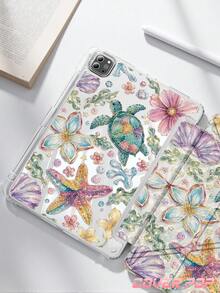 Sea Turtle & Floral Pattern Tablet Protective Case Suitable For IPad Air 8 (M4) 2026 (11 Inch) / 2026 (13 Inch), 9.7/10.2/10.5/10.9/12.9/Pro 11/A16, 10th Gen, Kindle Paperwhite 12th Gen 2024, Kindle (11th Gen-2024 Release), Soft Shock-Proof, Smart Sleep/Wake Function, Y-Fold Multi-Angle Tablet Case - Multicolor - View 3