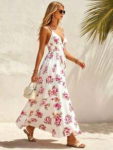 Vestido de mujer con cuello en V, estampado floral y tirantes de espagueti - Blanco - Ver 4