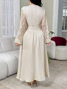 Vestido elegante de mujer con manga farol de encaje de contraste y abotonadura sencilla - Albaricoque - Ver 5