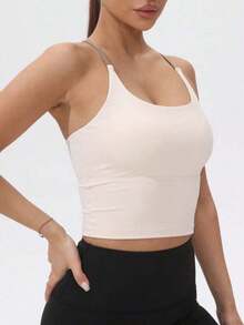 Women's Athletic T-Shirt With Fixed Padding, Color Contrast, Elastic, Summer Yoga Top - 象牙白 - 查看 2
