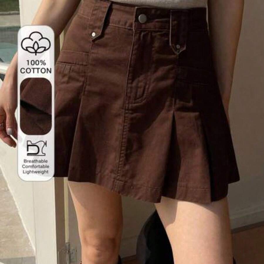 guangzhougaolangshangmao Falda mini plisada de cintura regular para mujer, falda vaquera de línea A casual y juvenil para el verano - Marrón - Ver 1