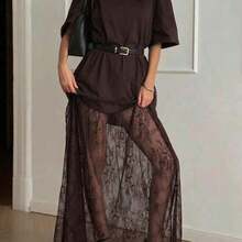 Vestido casual de mujer con parches de encaje de manga corta (sin cinturón), vestido de punto de unicolor con parches de encaje para uso diario, oficina, citas. La longitud y el tamaño se pueden ajustar con un cinturón. El estilo casual es ligeramente grande, se recomienda pedir una talla menos. Elegante negro - Blanco - Ver 10