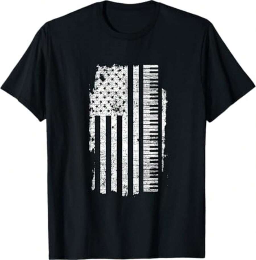 Piano T-Shirt - Keyboard US Flag Gifts For Pianists Music T-Shirt - 黑色 - 查看 1