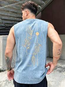 FRACTYR 男士夏季休闲街头风水洗复古阴阳锦鲤印花无袖背心，美式街头风宽松版型，新款中国风圆领无袖休闲背心，触感柔软 - 藍色 - 查看 3
