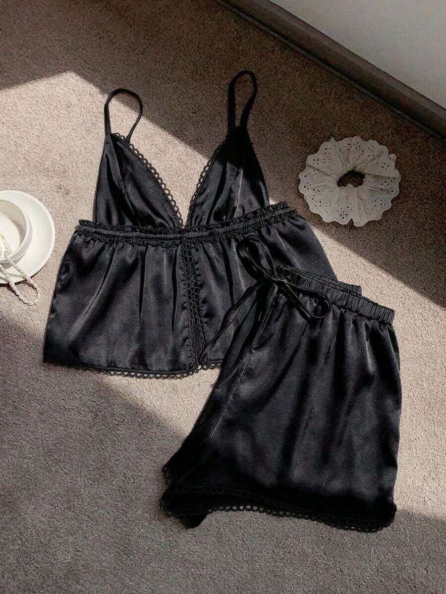 Conjunto informal de 2 piezas de mujer en azul marino con lunares, incluye camiseta de tirantes y pantalones con estampado de lunares, adecuado para primavera, verano, vacaciones, hogar, festivales de música, vuelta al colegio, atuendos casuales - Negro - Ver 1